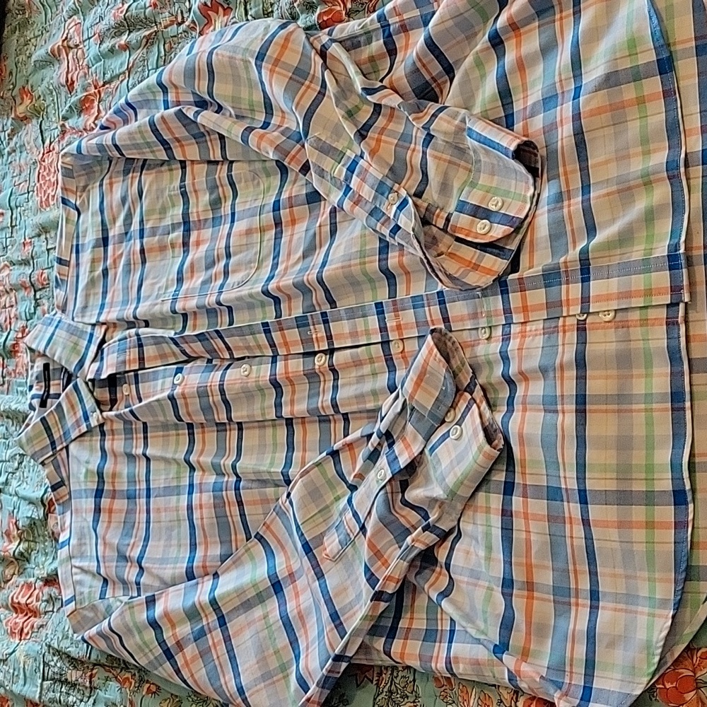 Lands End Men's No-Iron Oxford Blue Plaid size 16 1/2 - 34 (latge?)